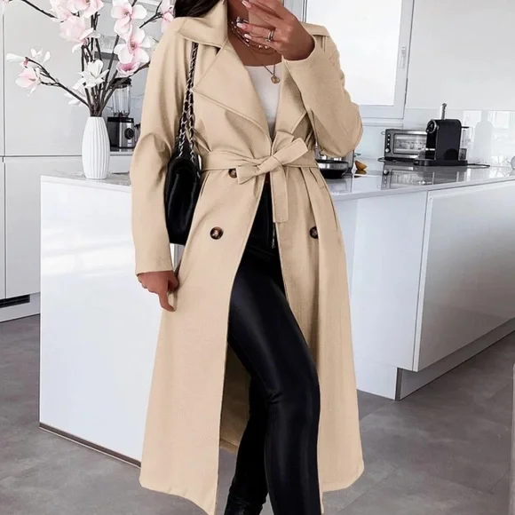 Women Lapel Long Sleeve Overcoat Outwear Casual lightweight Trench Coat jacket - Picture 2 of 8